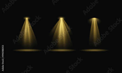 Bright stage spotlight beams shining in a dark theater with colorful lights and glowing rays creating a dramatic night stage scene illustration