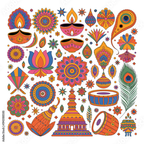 A colorful Diwali illustration with vibrant Indian traditional elements and symbols