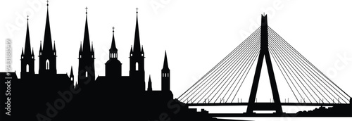 Black silhouette cityscape featuring historic cathedral spires with crosses and modern cable-stayed bridge architecture, blending tradition and contemporary urban design