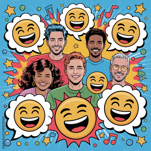 Smiling people with happy emojis in thought bubbles around them