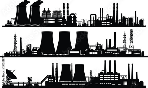 Black and white industrial facility silhouettes featuring factories, power plants, chemical plants, oil refineries, smokestacks, cooling towers, pipelines, communication towers