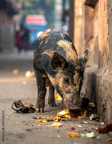 A patterned pig scavenges for scraps on a city street in a developing area