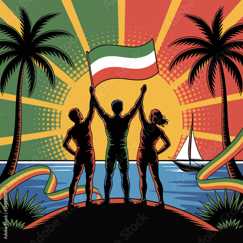 Flag vector illustration of Italy with people celebrating on beach
