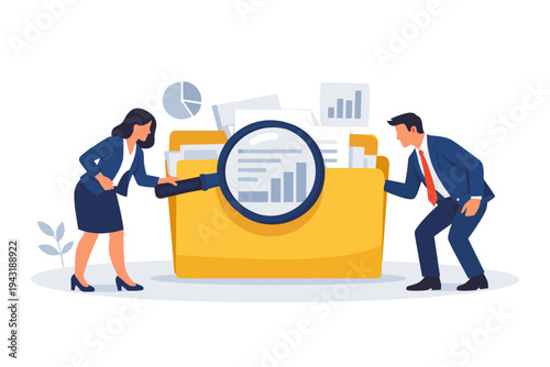 Business Man and Woman Searching Files in a Large Data Folder with a Magnifying Glass, Analyzing Financial Reports, Auditing Documents, and Researching Information for Corporate Strategy