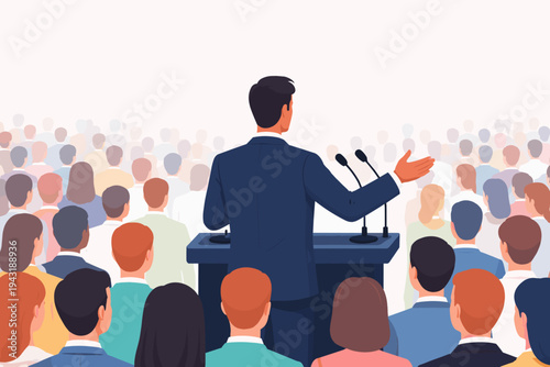 Professional flat vector illustration of a businessman or politician in a navy suit speaking from a podium with microphones to a large, diverse crowd of people at a conference or public rally.