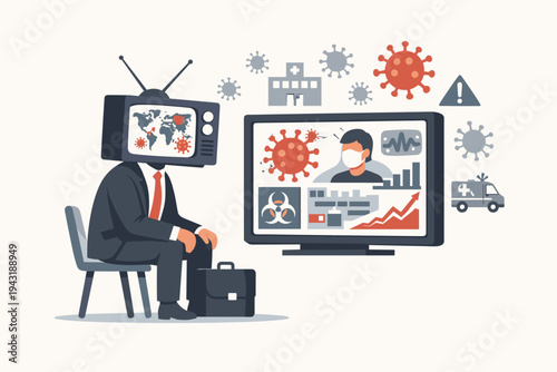 Conceptual vector illustration of a businessman with a TV head watching continuous coronavirus news updates. Depicts media influence, pandemic anxiety, and information overload during COVID-19.