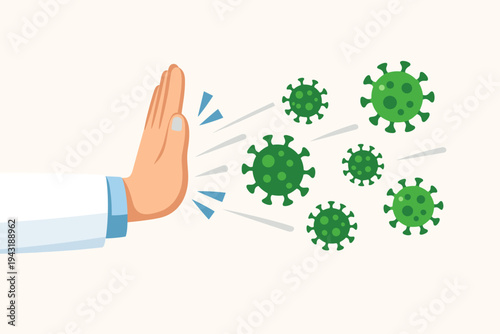 Doctor Hand Shielding from Coronavirus and Bacteria, Medical Protection and Immunity Defense Concept, Flat Vector Illustration of Healthcare Professional Stopping Spread of COVID-19 Infection