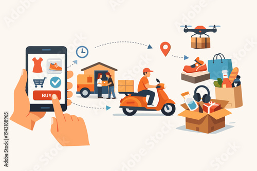 Flat vector illustration of online shopping and delivery process showing hand holding smartphone to buy items, warehouse logistics, courier on scooter, drone delivery, and various packages.