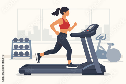Flat vector illustration of a fit young woman running on a treadmill in a modern fitness gym with dumbbells and exercise bike in the background, concept for healthy lifestyle and cardio workout.
