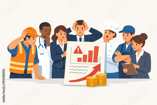 Diverse Group of Professionals Looking Worried at Rising Costs and High Tax Bill Illustration. Men and Women from Different Occupations Concerned About Inflation, Debt, and Economic Crisis.