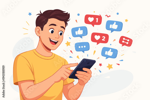Vector illustration of a happy young man using a smartphone to watch viral content with social media icons like hearts, thumbs up, shares, and comments popping out of the screen in a vibrant style.