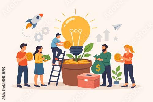 Business Crowdfunding and Investment Concept Illustration with People Donating Money to a Large Lightbulb Growing in a Pot, Representing Startup Funding, Financial Support for New Ideas and