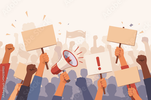 Vector illustration of a diverse crowd of protesters holding blank placards, clenched fists, and a megaphone. People demonstrating for social justice, political change, and human rights rally.
