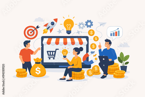 Flat vector illustration of a creative team brainstorming online business ideas and earning money. People working on e-commerce startup with laptop, shopping cart, light bulb, rocket, and coins.