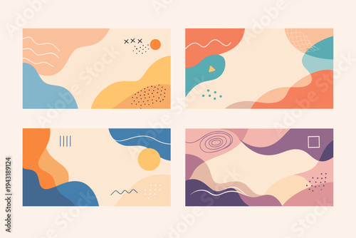 Set of Four Abstract Vector Backgrounds with Minimalist Organic Shapes, Hand-Drawn Lines, and Geometric Elements in Pastel Colors for Social Media, Banners, Web Design, and Creative Stationery.