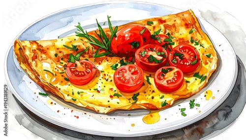 Watercolor illustration of a yellow omelet topped with red tomatoes and herbs on a white plate