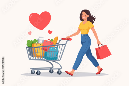 Happy Woman Pushing a Shopping Cart Full of Groceries and Bags with a Large Red Heart Above, Flat Vector Illustration of a Female Shopper Enjoying Retail Therapy, Grocery Shopping, and Sales.