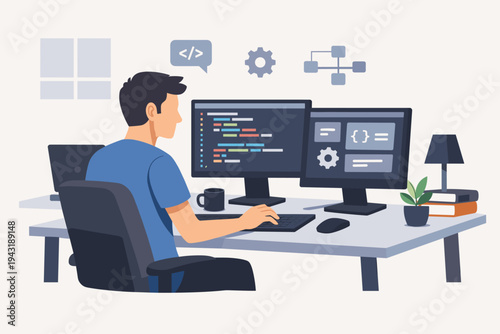 Professional Software Developer or Programmer Working at a Modern Workspace with Dual Monitors, Coding on a Computer, and Designing Systems in a Simple Flat Vector Illustration Style for Web.