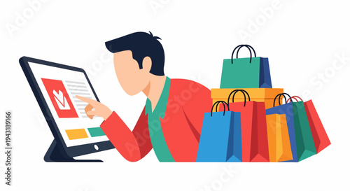 Online Shopping Experience With Colorful Bags And Modern Technology