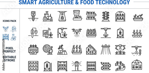 Smart Agriculture and Food Technology Icon Set: Farming, Precision Agriculture, AgriTech, Drone, Crop Monitoring and Sustainable Food Production Line Vector Illustrations