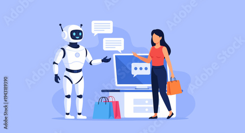 Robot Assistant Helping Woman With Online Shopping Transaction Concept