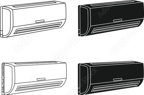 Air conditioner wall unit vector illustration, split AC indoor appliance outline and silhouette set, home cooling system design isolated on white