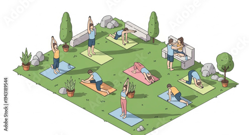 People Exercising in Park Scene.