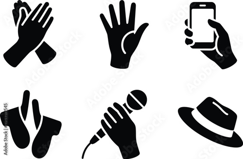 Collection of six black icons depicting hands holding phone gloves microphone and hat