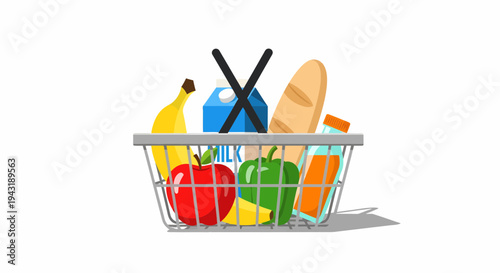 Shopping Basket Filled With Diverse Groceries Illustration Isolated