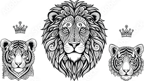 Lion and tiger head vector illustration set with ornate mandala patterns and royal crowns isolated on white background for adult coloring pages
