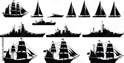 Black and white silhouette collection of ships and boats including sailing vessels, yachts, battleships, destroyers, galleons, tall ships, maritime illustration