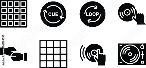 A set of black and white music icons and symbols for audio editing