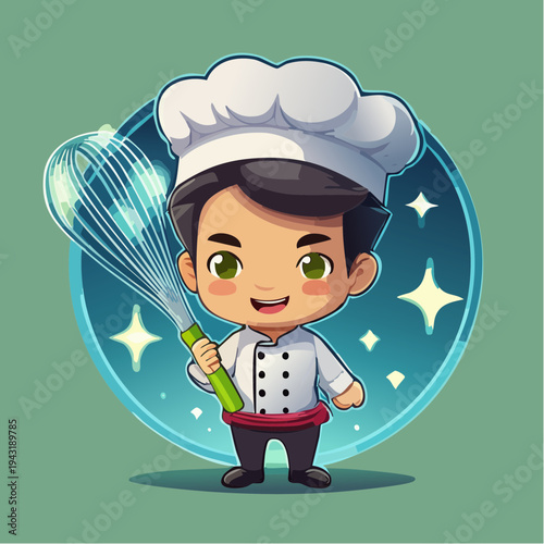 Cute Chef Holding a Whisk Illustration - Adorable Culinary Character