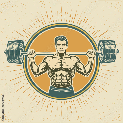 Vintage Gym Art Muscular Man Lifting Weights in Retro Style