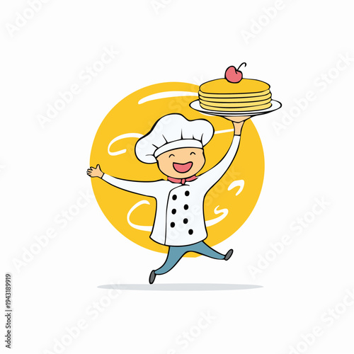 Happy Chef Jumping with Stack of Pancakes and Cherry on Top