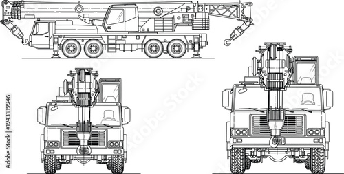 Mobile Crane Technical Drawing, Heavy Construction Machinery Blueprint, Hydraulic Truck Crane Vector Outline, Industrial Engineering Schematic, Vehicle Lift Equipment Illustration.