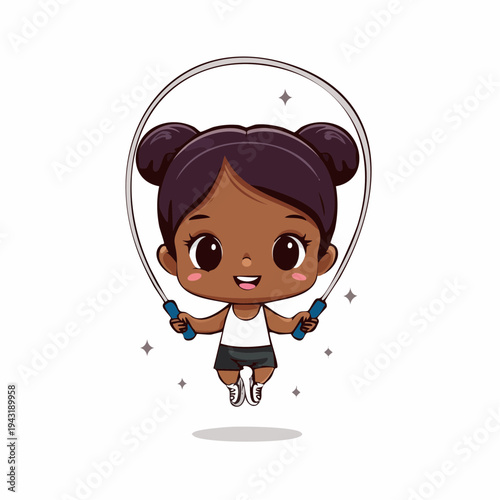 Adorable African American Cartoon Girl Joyfully Skipping Rope in a Fun and Energetic Fitness Illustration