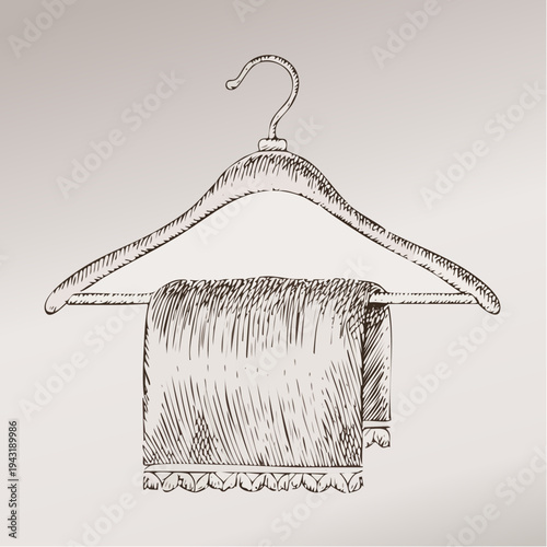 Hand-drawn Sketch of a Classic Wooden Clothes Hanger with a Draped Fabric, Evoking Vintage Fashion and Textile Art
