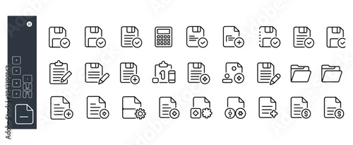 Comprehensive set of document and file management line icons for business, office, and data processing applications.