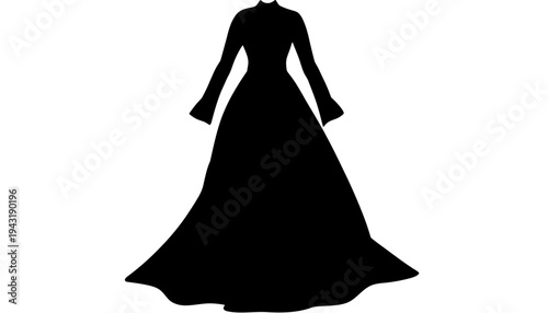 A woman wearing a long black evening gown silhouette illustration