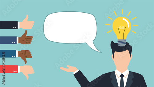 Creative businessman with a bright lightbulb idea above his head, presenting concepts while receiving feedback with thumbs up and down icons.