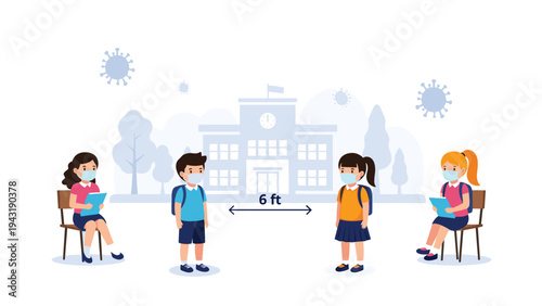 Diverse group of school children wearing face masks and maintaining six feet social distance in front of a school building.