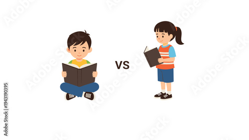 Two children, a boy and a girl, deeply engrossed in reading books with a "VS" graphic between them, symbolizing a reading challenge or comparison.