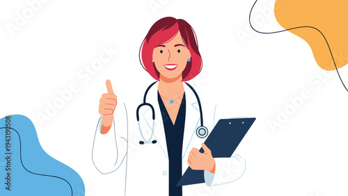 Confident smiling female doctor with red hair, giving a thumbs up gesture and holding a clipboard, symbolizing good health and approval.