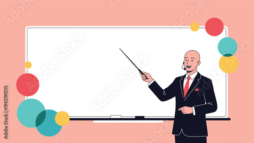 Confident male teacher or presenter wearing a headset, pointing with a stick at a large blank whiteboard, ready for instruction.