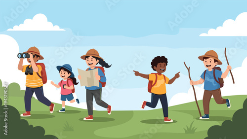 Diverse group of enthusiastic young children embarking on an exciting outdoor hiking adventure, exploring nature with maps, binoculars, and joyful spirits.
