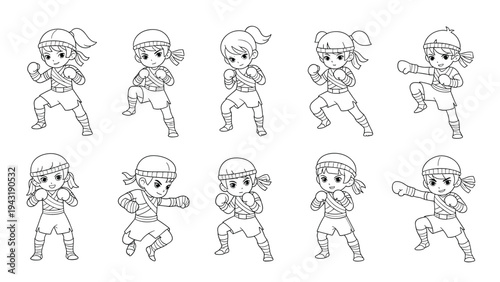 Dynamic collection of ten chibi-style Muay Thai fighters in various action poses, perfect for a martial arts coloring page design.