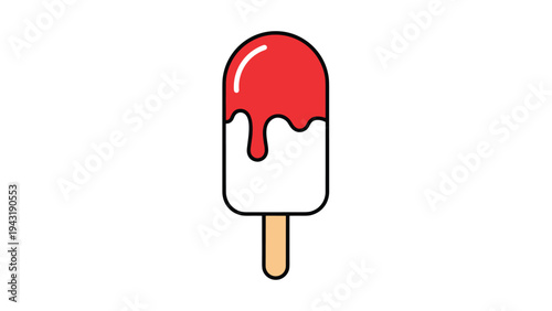 Simple illustration of a delicious red and white popsicle, topped with melting red syrup, perfect for a refreshing summer treat.