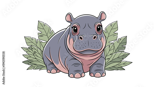 Adorable baby hippopotamus with big eyes sitting amongst lush green tropical leaves, looking sweet and innocent.