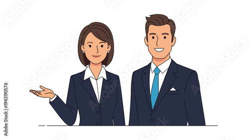 Professional businessman and businesswoman in sleek suits smiling confidently, with the woman gesturing to present or invite.